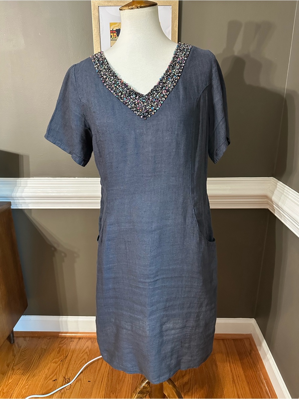 Lina Tomei Italian linen Beaded v-neck shift dress in Slate Blue